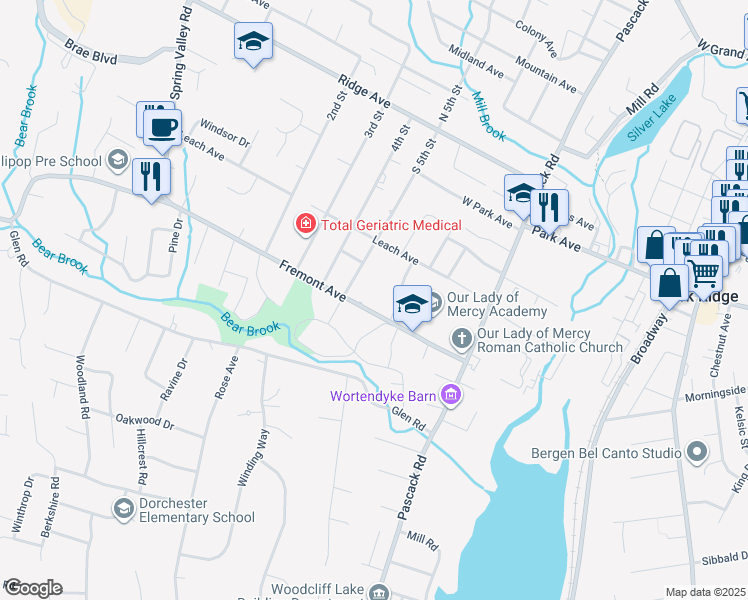map of restaurants, bars, coffee shops, grocery stores, and more near 46 Fremont Avenue in Park Ridge