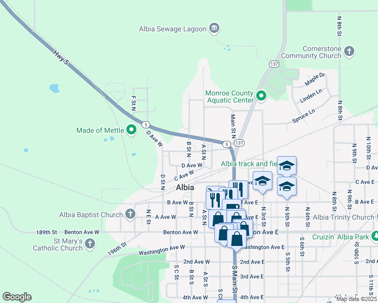 map of restaurants, bars, coffee shops, grocery stores, and more near 501 B Street North in Albia