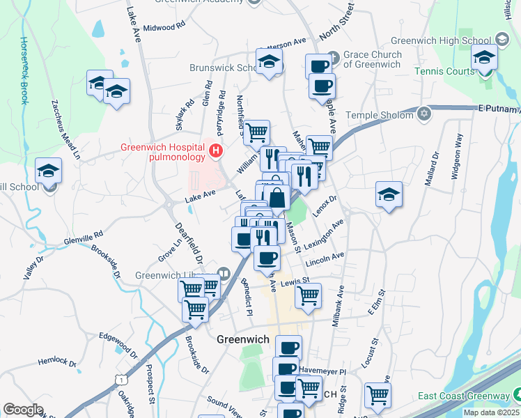 map of restaurants, bars, coffee shops, grocery stores, and more near 1 Lafayette Place in Greenwich