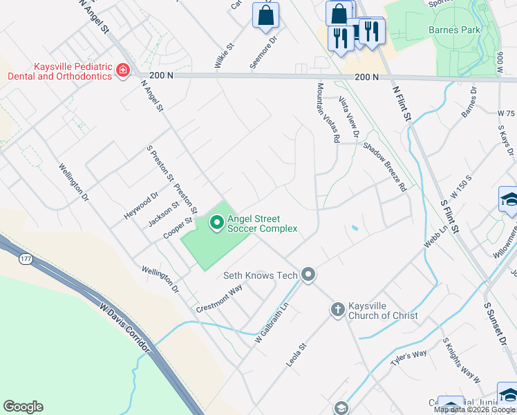 map of restaurants, bars, coffee shops, grocery stores, and more near 1649 Pheasant Meadow Drive in Kaysville