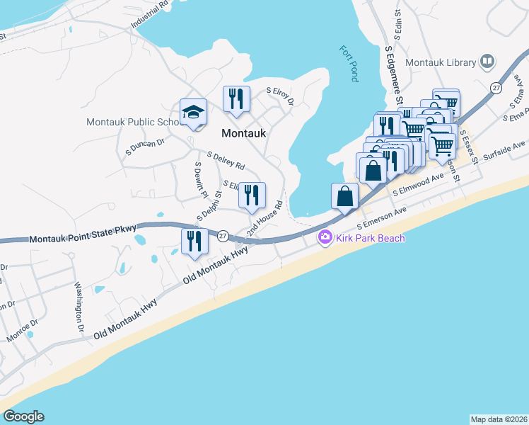 map of restaurants, bars, coffee shops, grocery stores, and more near 15 South Delrey Road in Montauk