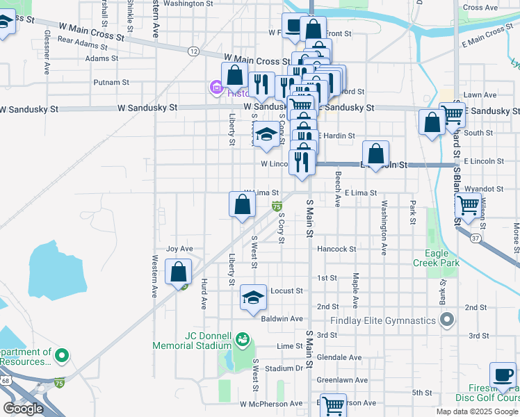 map of restaurants, bars, coffee shops, grocery stores, and more near 815 South West Street in Findlay