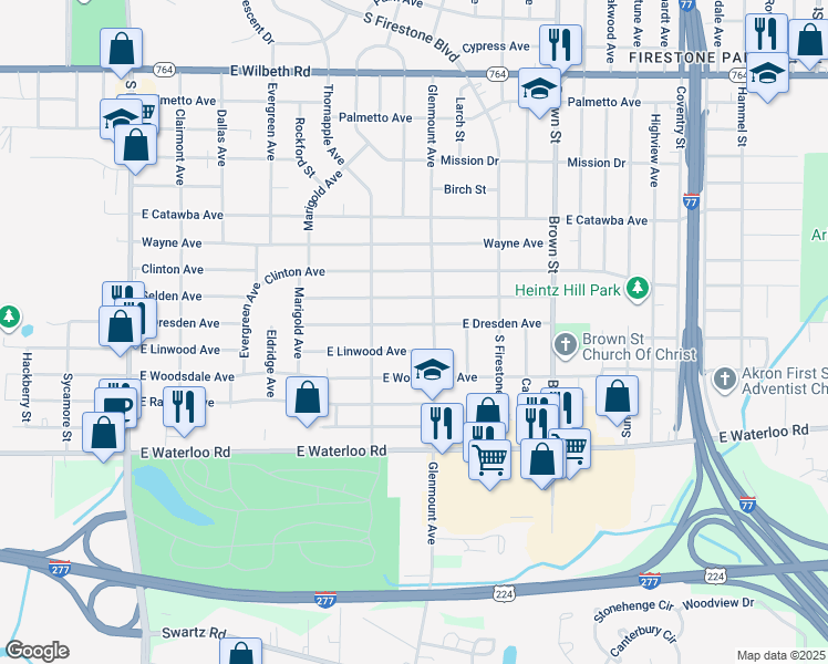 map of restaurants, bars, coffee shops, grocery stores, and more near 308 East Dresden Avenue in Akron
