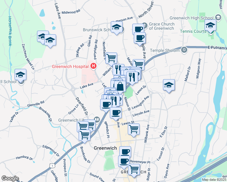 map of restaurants, bars, coffee shops, grocery stores, and more near 1 Lafayette Place in Greenwich