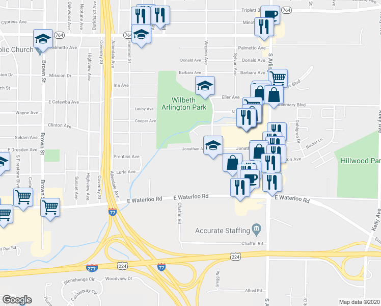 map of restaurants, bars, coffee shops, grocery stores, and more near 804 Jonathan Avenue in Akron
