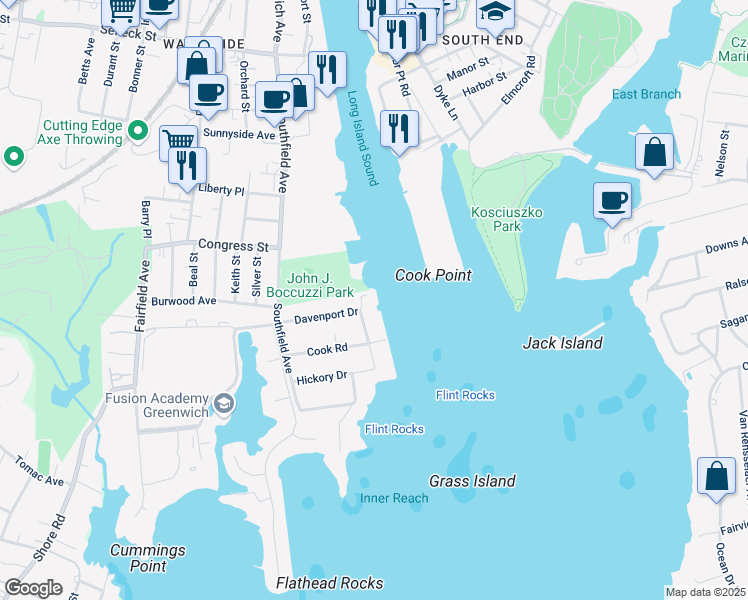 map of restaurants, bars, coffee shops, grocery stores, and more near 80 Davenport Drive in Stamford