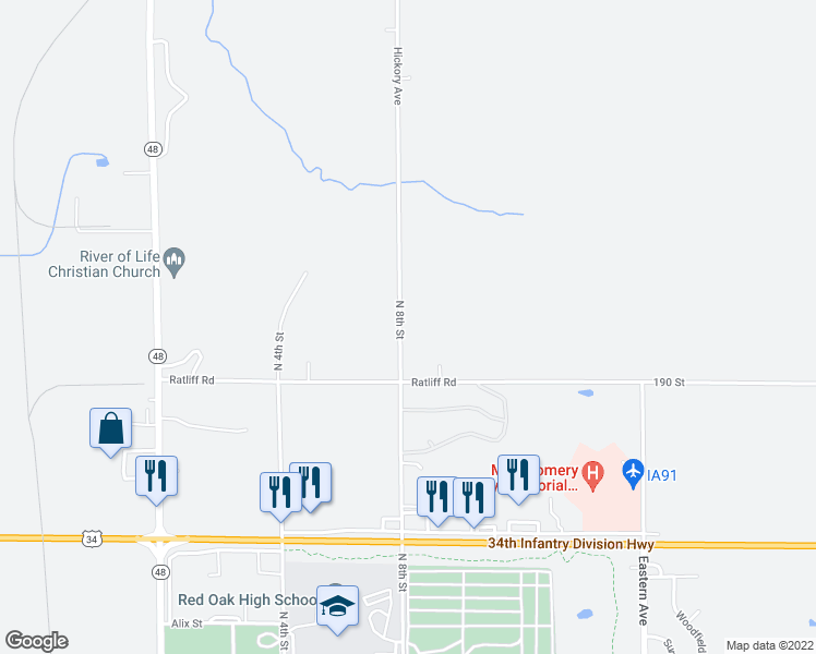 map of restaurants, bars, coffee shops, grocery stores, and more near 2900 North 8th Street in Red Oak