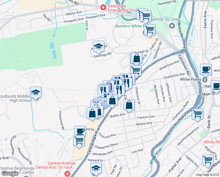 map of restaurants, bars, coffee shops, grocery stores, and more near 200 High Point Drive in Hartsdale