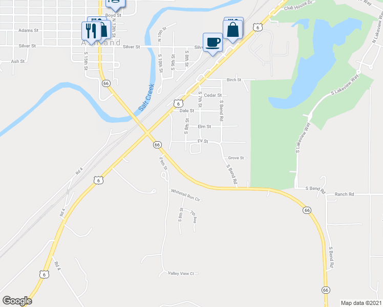 map of restaurants, bars, coffee shops, grocery stores, and more near 1165 South 7th Street in Ashland