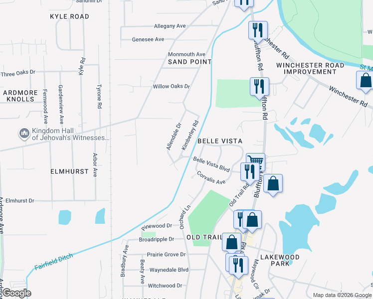 map of restaurants, bars, coffee shops, grocery stores, and more near 5815 Kimberley Road in Fort Wayne