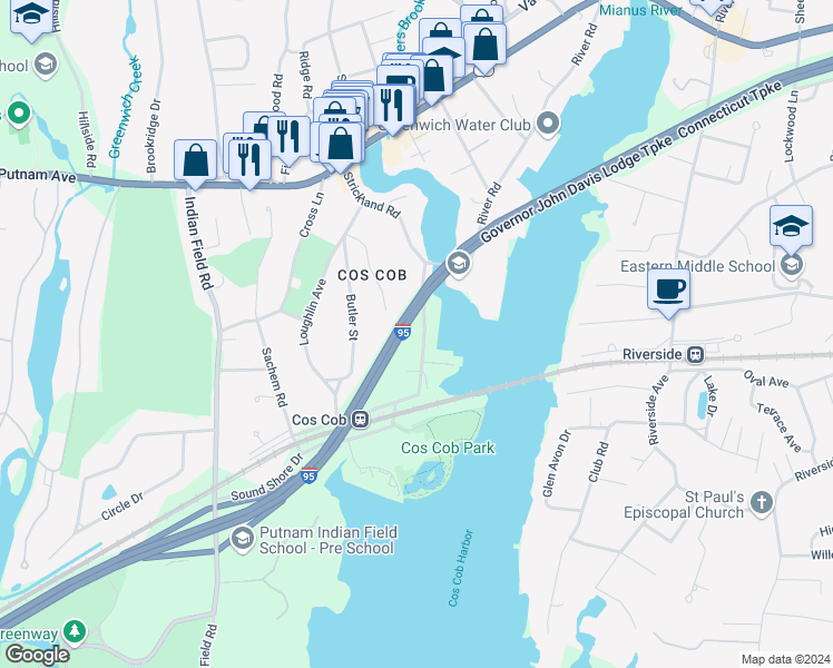 map of restaurants, bars, coffee shops, grocery stores, and more near 65 Strickland Road in Greenwich