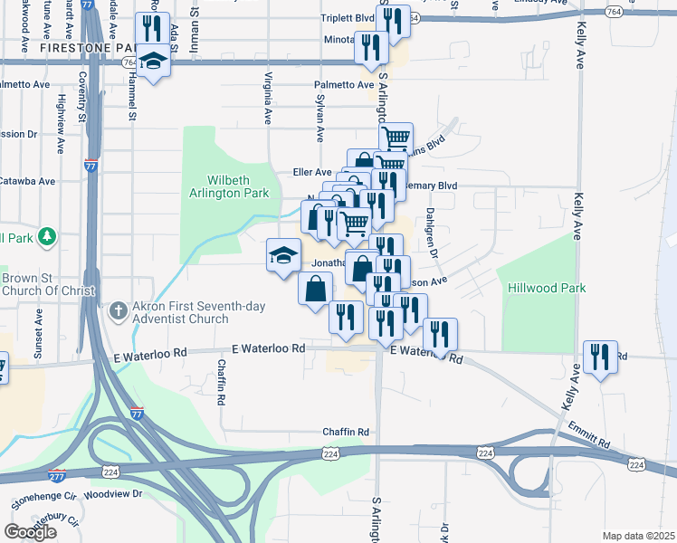 map of restaurants, bars, coffee shops, grocery stores, and more near 932 Jonathan Avenue in Akron