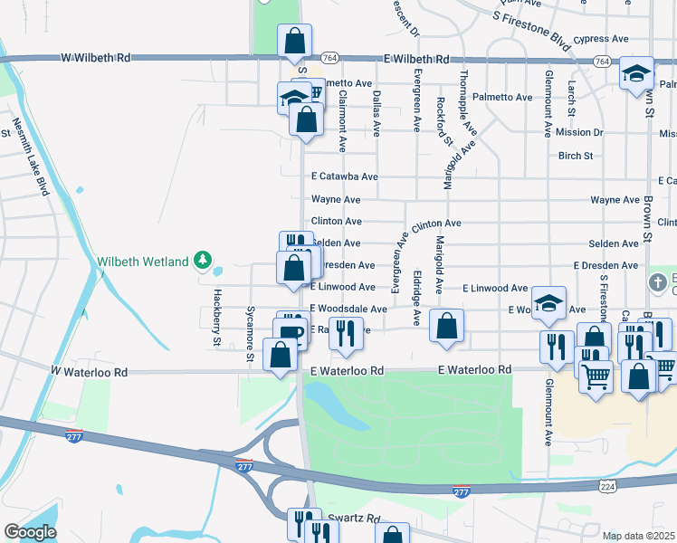 map of restaurants, bars, coffee shops, grocery stores, and more near 1998 Clairmont Avenue in Akron