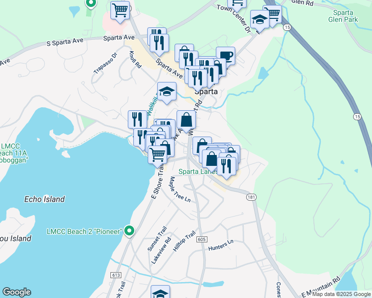 map of restaurants, bars, coffee shops, grocery stores, and more near 54 Woodport Road in Sparta