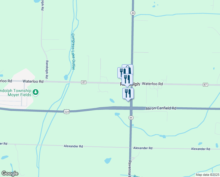 map of restaurants, bars, coffee shops, grocery stores, and more near 3908 Waterloo Road in Mogadore