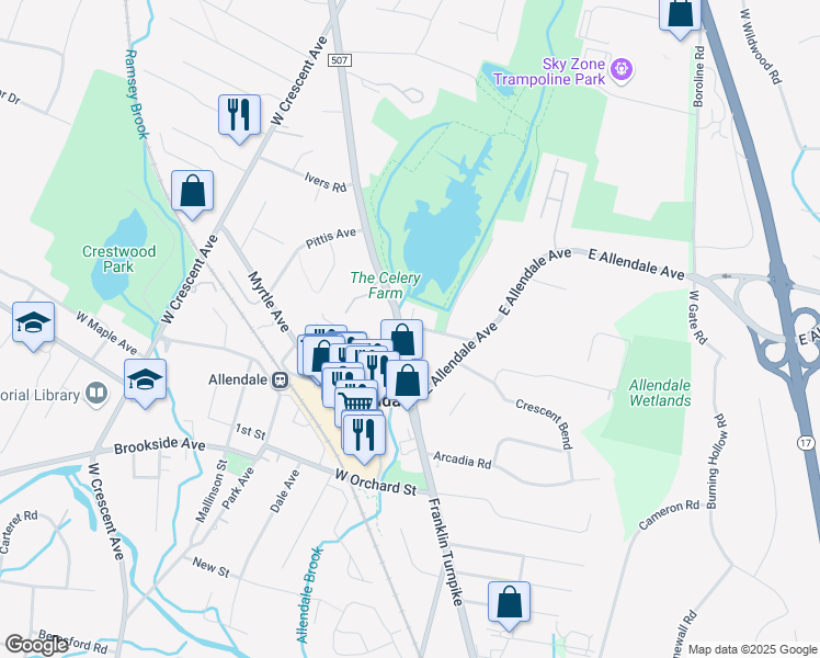 map of restaurants, bars, coffee shops, grocery stores, and more near 3 Cottage Place in Allendale
