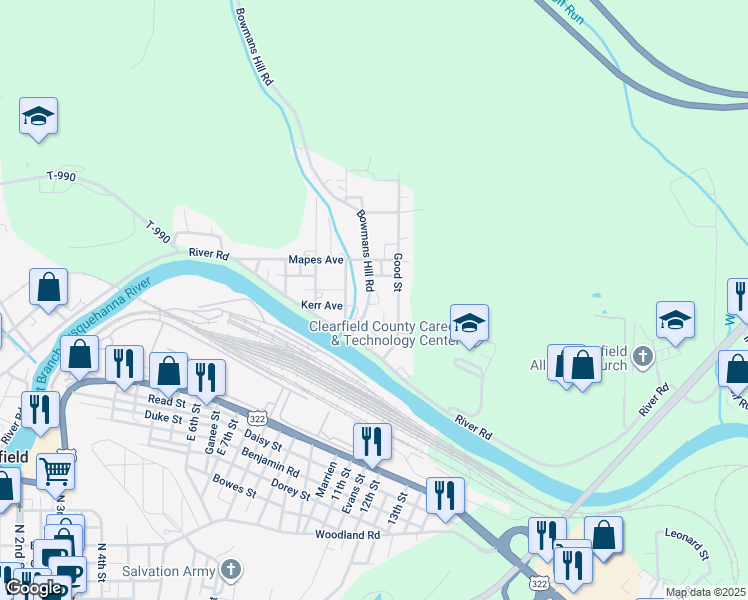 map of restaurants, bars, coffee shops, grocery stores, and more near 94 Bowmans Hill Road in Clearfield