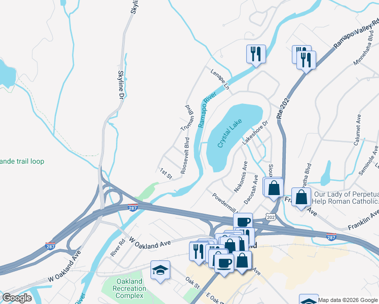 map of restaurants, bars, coffee shops, grocery stores, and more near 98 Roosevelt Boulevard in Oakland