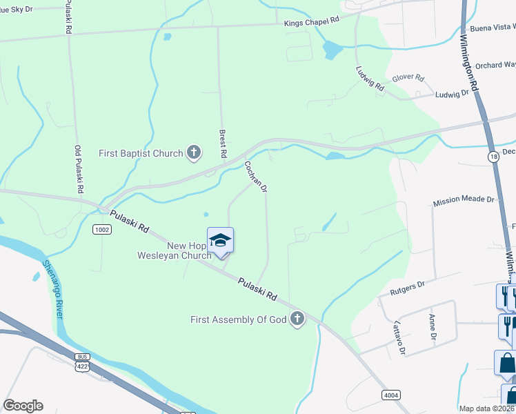 map of restaurants, bars, coffee shops, grocery stores, and more near 29 Cochran Drive in New Castle