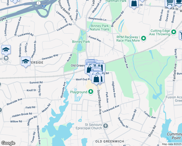 map of restaurants, bars, coffee shops, grocery stores, and more near 1 West End Court in Greenwich