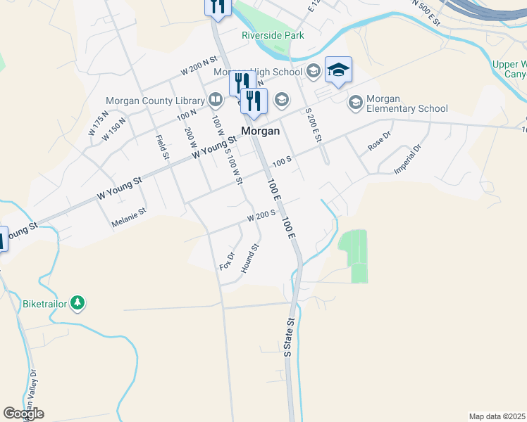 map of restaurants, bars, coffee shops, grocery stores, and more near 78 West 200 South in Morgan