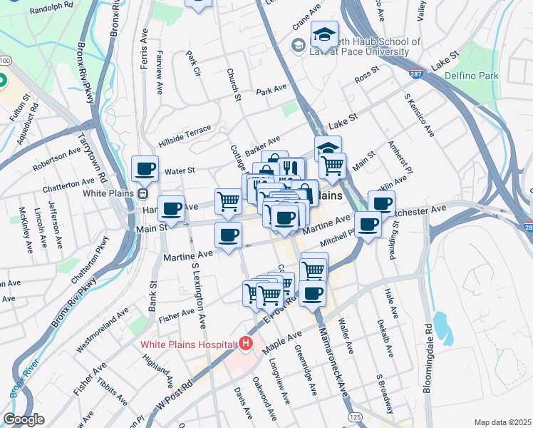 map of restaurants, bars, coffee shops, grocery stores, and more near 209 Main Street in White Plains