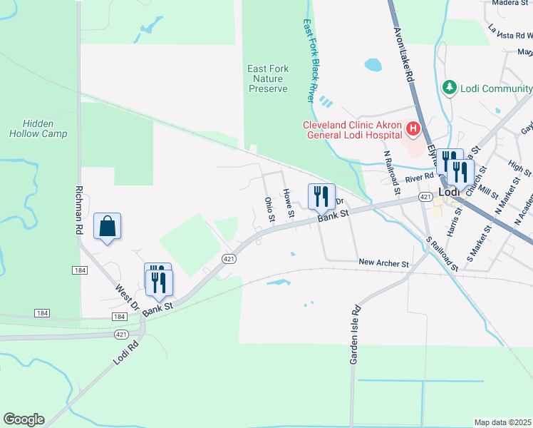 map of restaurants, bars, coffee shops, grocery stores, and more near 103 Ohio Street in Lodi