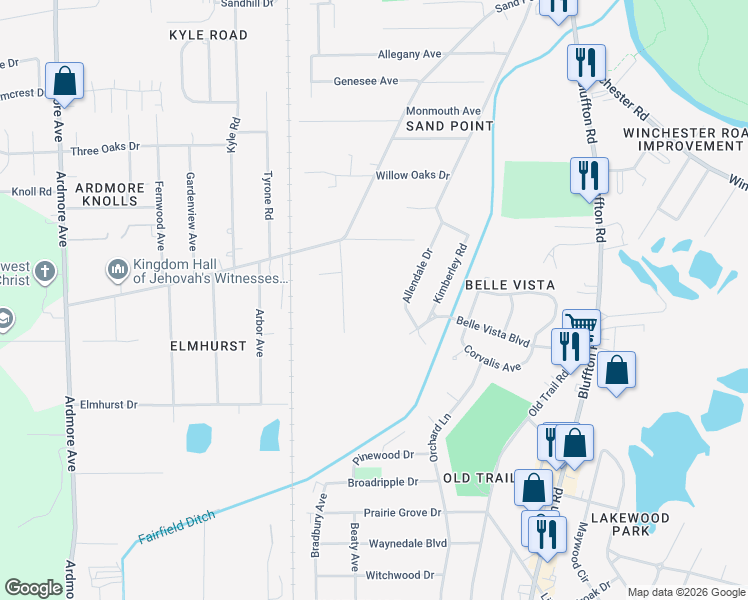map of restaurants, bars, coffee shops, grocery stores, and more near 2911 Kelmar Drive in Fort Wayne