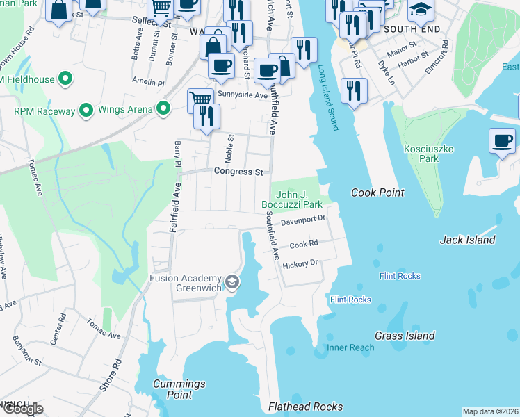 map of restaurants, bars, coffee shops, grocery stores, and more near 223 Southfield Avenue in Stamford