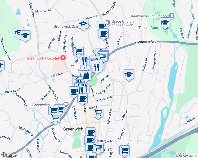 map of restaurants, bars, coffee shops, grocery stores, and more near 50 East Putnam Avenue in Greenwich