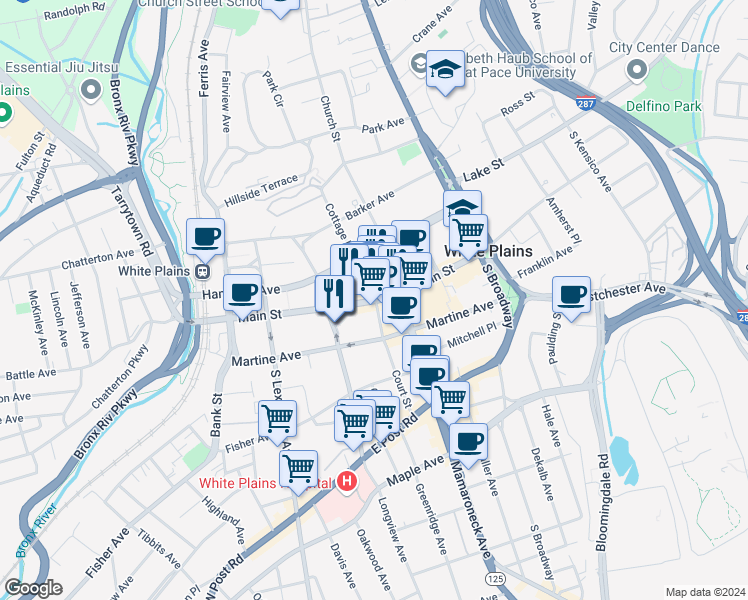 map of restaurants, bars, coffee shops, grocery stores, and more near in White Plains