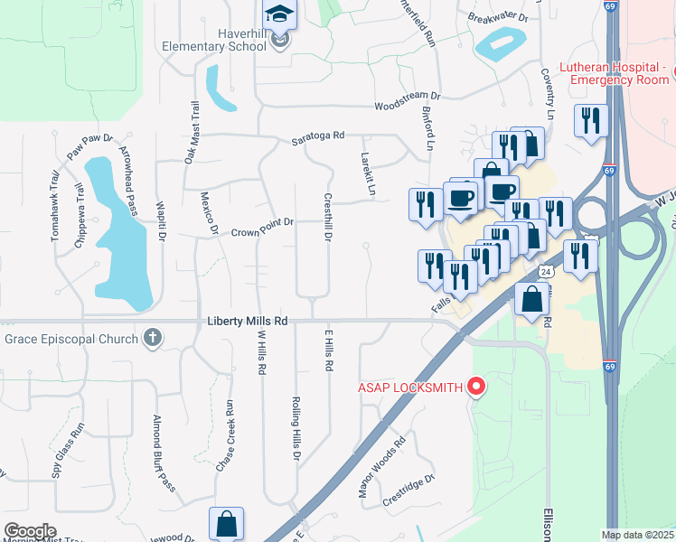 map of restaurants, bars, coffee shops, grocery stores, and more near 5606 Cresthill Drive in Fort Wayne