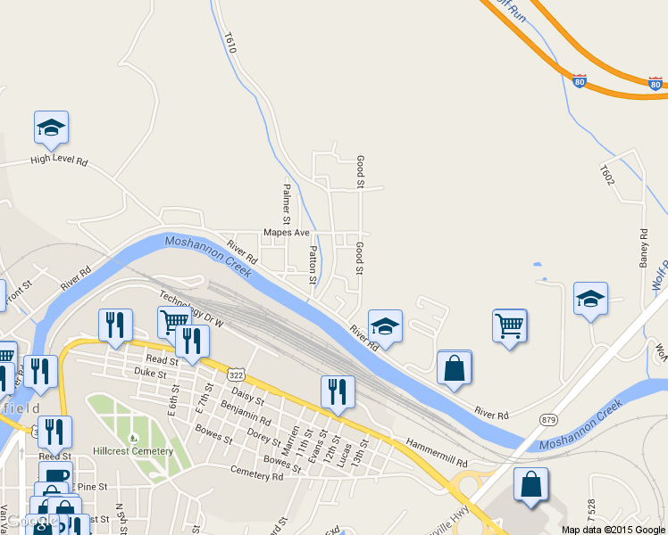 map of restaurants, bars, coffee shops, grocery stores, and more near 94 Bowmans Hill Road in Clearfield