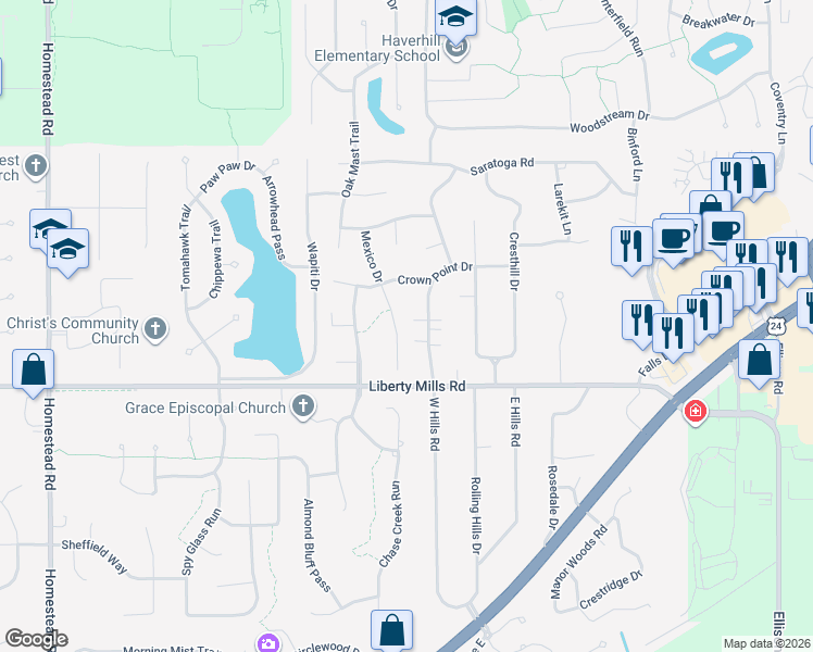 map of restaurants, bars, coffee shops, grocery stores, and more near 5531 Mexico Dr in Fort Wayne