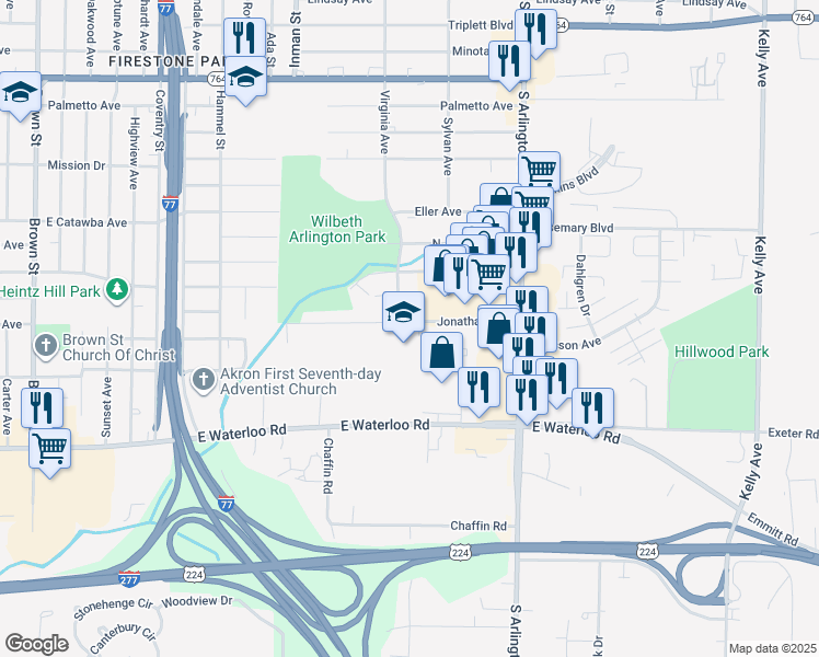 map of restaurants, bars, coffee shops, grocery stores, and more near 888 Jonathan Avenue in Akron
