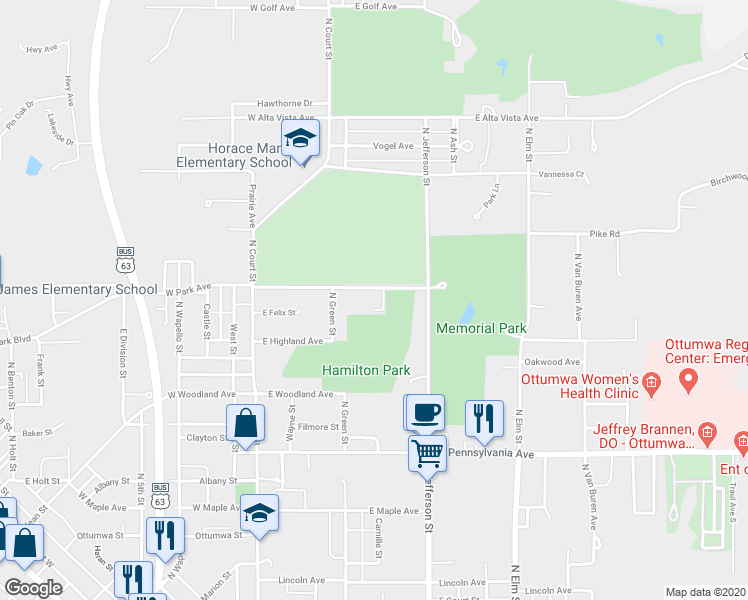 map of restaurants, bars, coffee shops, grocery stores, and more near 342 East Park Avenue in Ottumwa