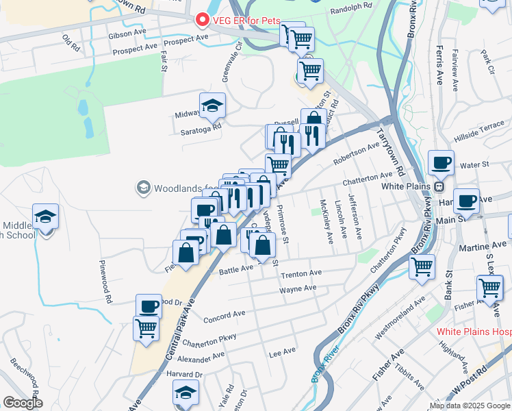 map of restaurants, bars, coffee shops, grocery stores, and more near 392 Central Avenue in White Plains