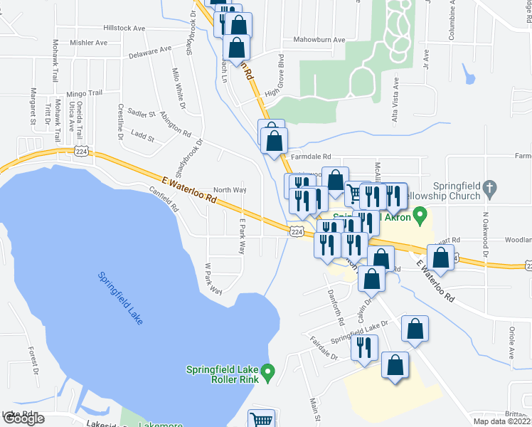 map of restaurants, bars, coffee shops, grocery stores, and more near 1303 Shanafelt Avenue in Akron