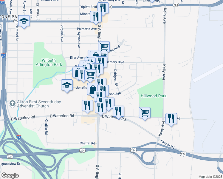 map of restaurants, bars, coffee shops, grocery stores, and more near 1001 Nadia Court in Akron