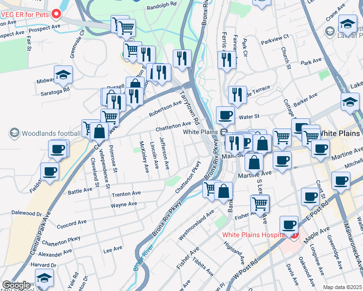 map of restaurants, bars, coffee shops, grocery stores, and more near 21 Washington Avenue in White Plains