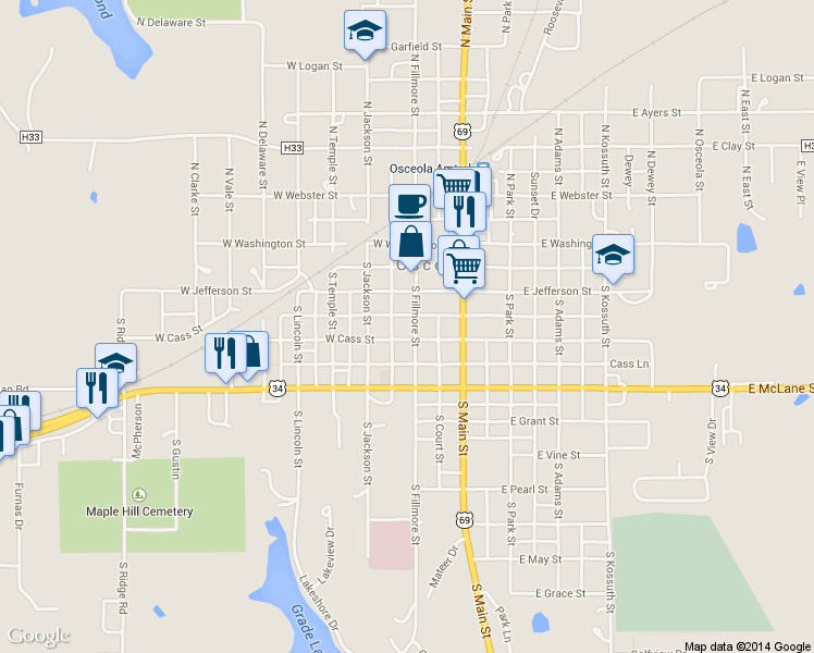 map of restaurants, bars, coffee shops, grocery stores, and more near 222 South Fillmore Street in Osceola