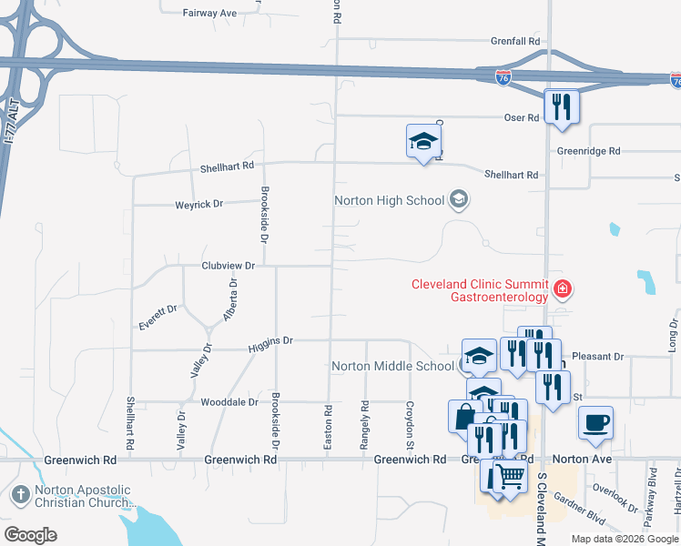 map of restaurants, bars, coffee shops, grocery stores, and more near 3713 Easton Road in Norton