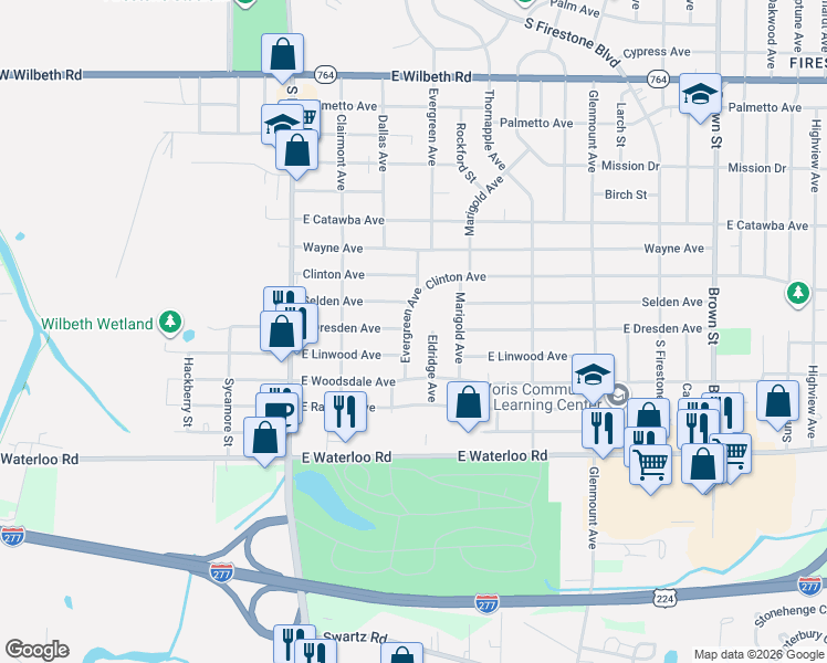 map of restaurants, bars, coffee shops, grocery stores, and more near 1849 Evergreen Ave in Akron