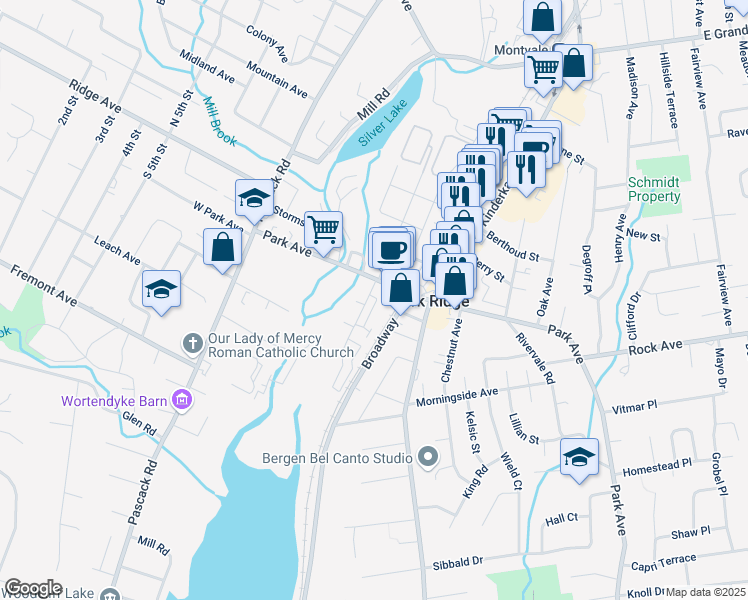 map of restaurants, bars, coffee shops, grocery stores, and more near 1A South Maple Avenue in Park Ridge