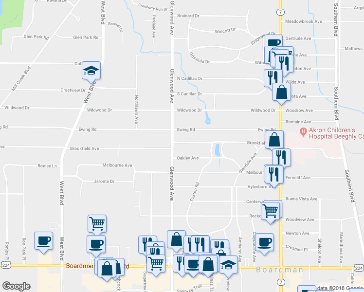 map of restaurants, bars, coffee shops, grocery stores, and more near 275 Brookfield Avenue in Youngstown