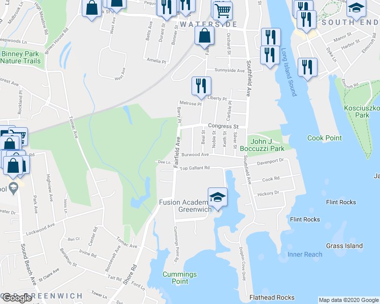 map of restaurants, bars, coffee shops, grocery stores, and more near 24 Burwood Avenue in Stamford