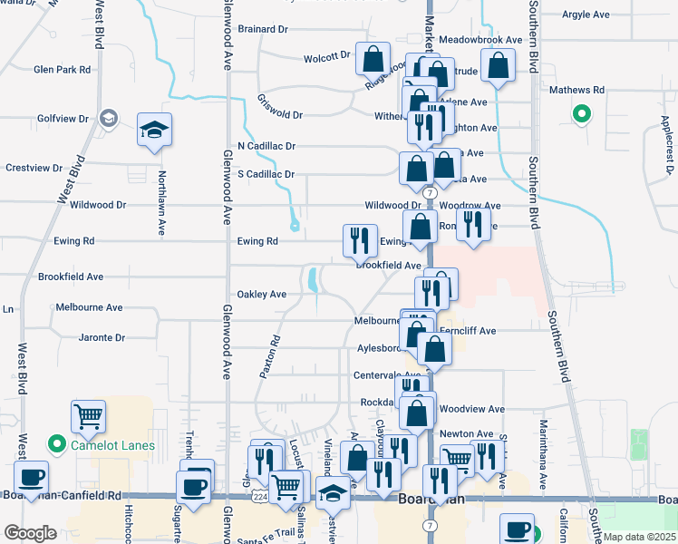map of restaurants, bars, coffee shops, grocery stores, and more near 151 Brookfield Avenue in Youngstown