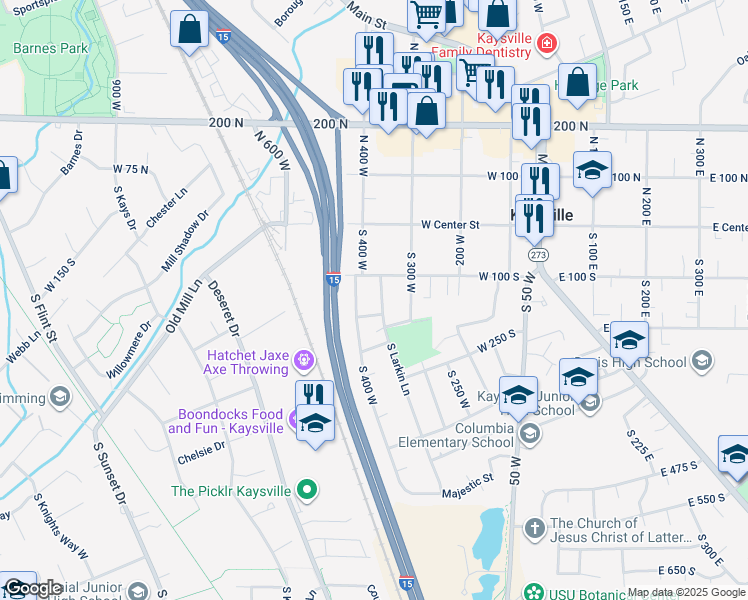 map of restaurants, bars, coffee shops, grocery stores, and more near 143 Larkin Lane in Kaysville