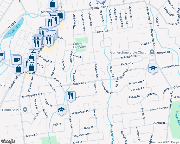 map of restaurants, bars, coffee shops, grocery stores, and more near 10 Lorraine Drive in Park Ridge