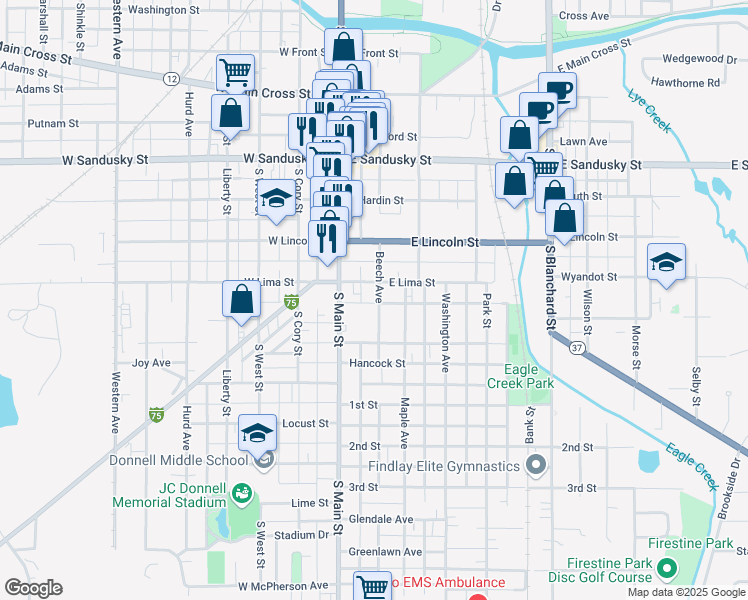 map of restaurants, bars, coffee shops, grocery stores, and more near 814 Beech Ave in Findlay